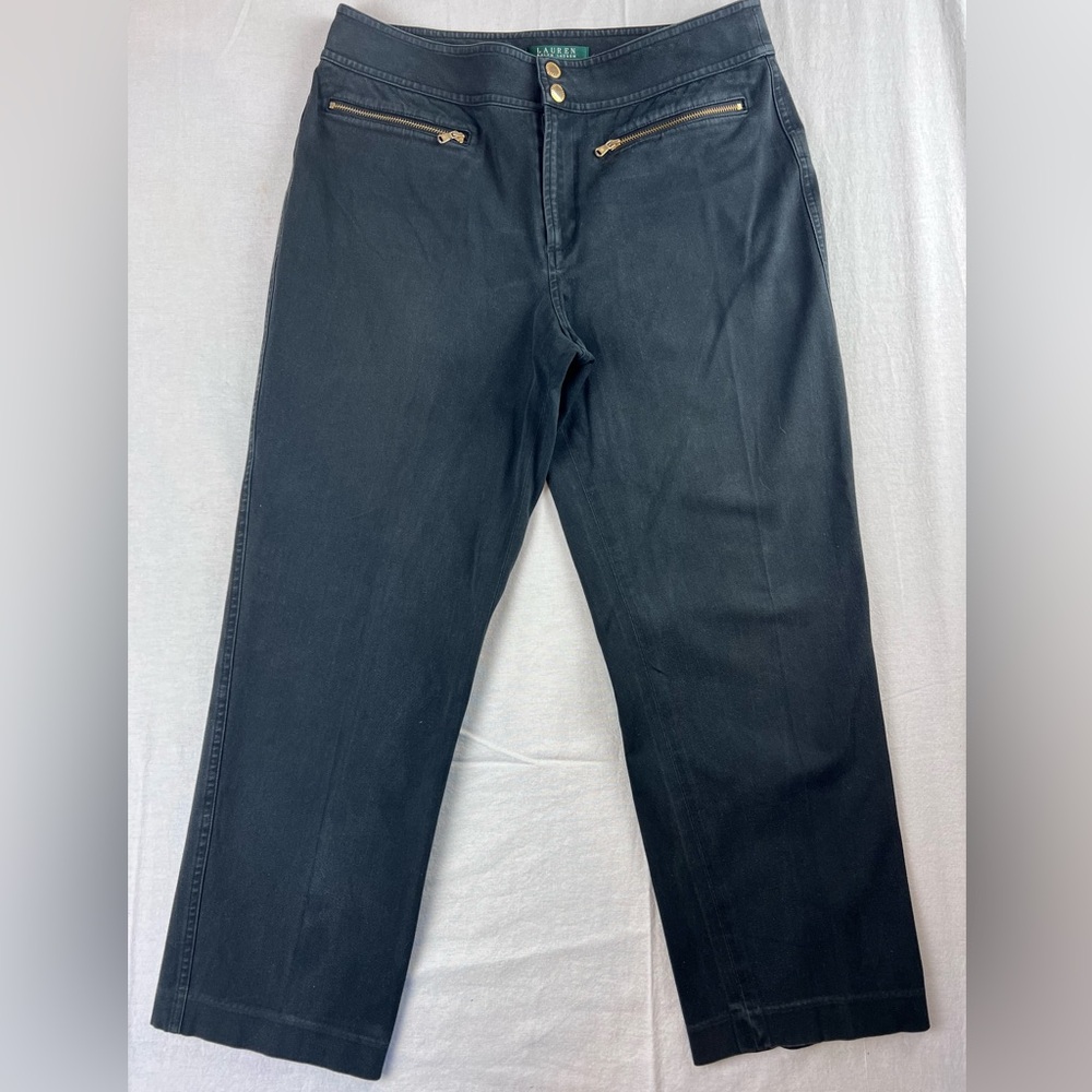 Lauren Ralph Lauren Black Charcoal  Women’s Straight Pants Gold Zipper Pockets 8